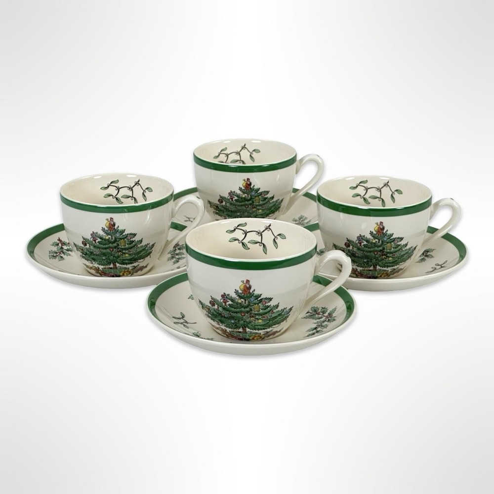Spode Christmas Tree Tea Cups Saucers Set of 4 England S3324 Holiday Ceramic
